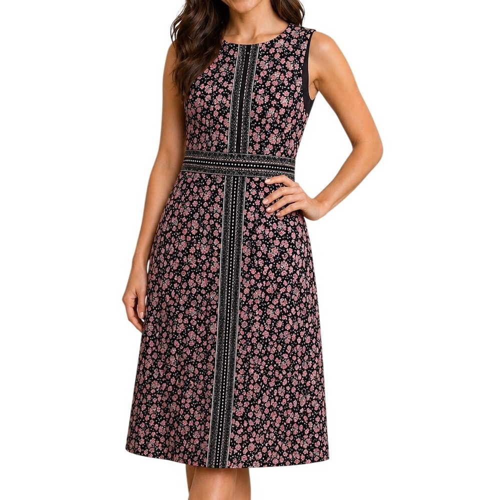 Nanette Lepore Women Pink Navy Floral Jacquard Fit Flare Dress Size Two 2 Mini